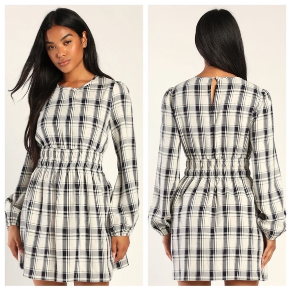 🤍Lulu’s Tad of Plaid Ivory Plaid Balloon Sleeve Mini Dress - Picture 3 of 10
